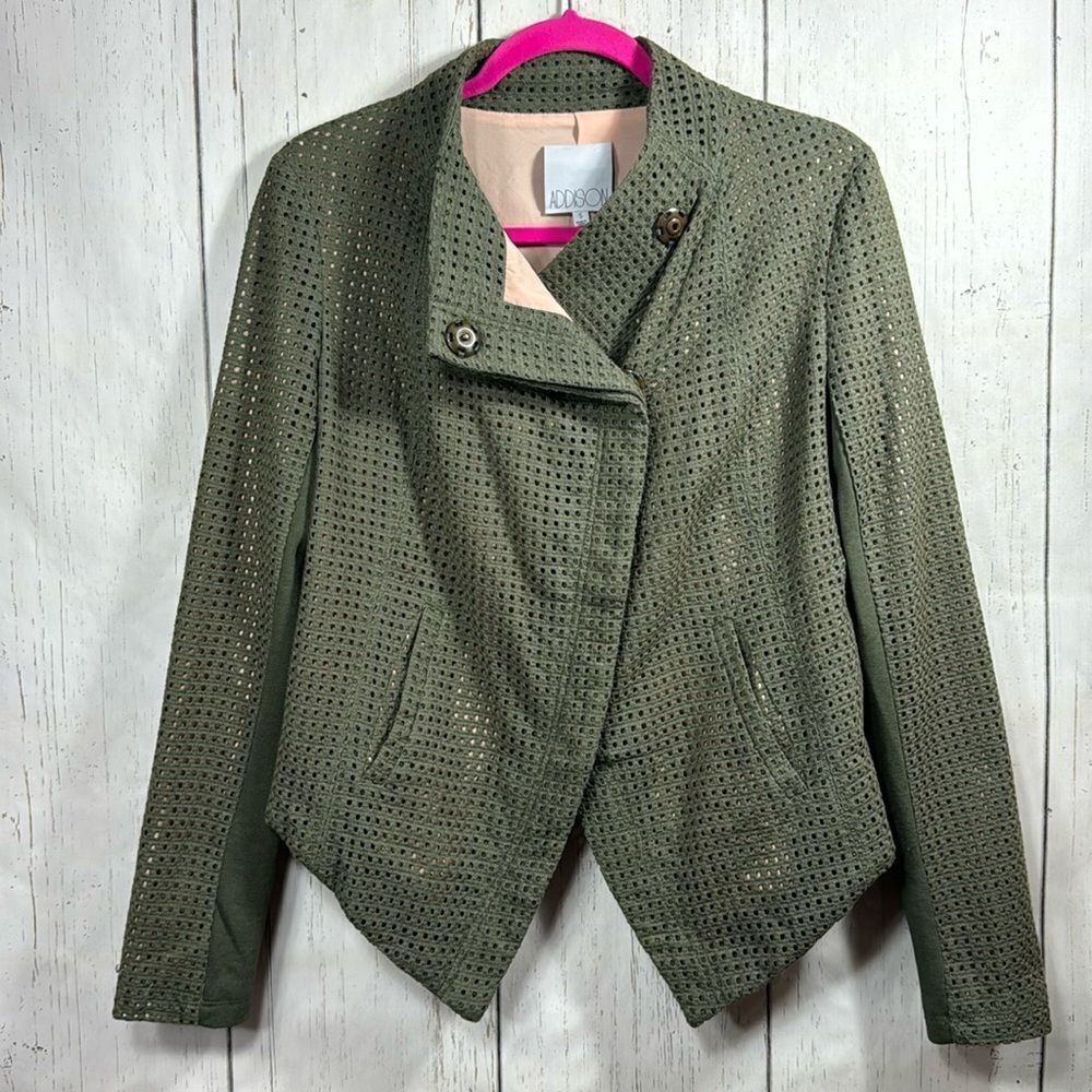 Addison Womens Asymmetrical Perforated Pockets Olive Green Snap Button Jacket